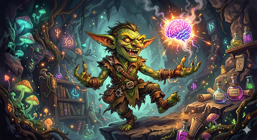 The Mind Goblin, wielding a glowing brain and surrounded by chaos potions
